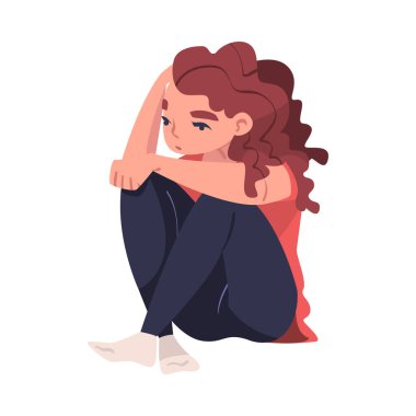 Eğilmiş Bacakları Tutan Baş Vektör İllüstrasyonuyla Yerde oturan Yorgun Genç Kadın