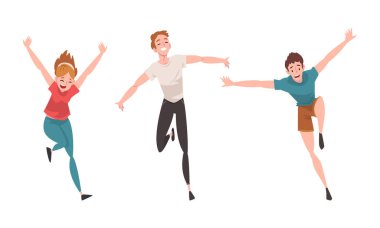 Geniş Kollu Vektör Seti ile Koşan Gülümseyen Adam ve Kadın