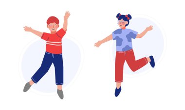 Pozitif Erkek ve Kız Neşeli Zıplama ve Neşeli Vektör Seti