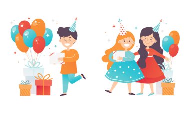 Mutlu küçük oğlan ve kız koni takıyor doğum günü şapkası hediye kutusu ile bayram vektörü hakkında tezahürat yapıyor