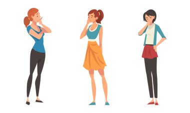 Düşünceli Kadın Karakter Tırmalama Kafası Madde Vektörü Seti Üzerinde Düşünme Sorusu Yaşıyor