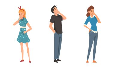 Düşünceli Adam ve Kadın Karakter Tırmalama Başı Madde Vektörü Seti Üzerinde Düşünme Sorusu Yaşıyor