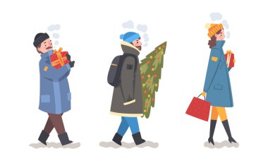 Halkın Karakteriyle Kış Tatili Paketli Hediye Kutusu ve firavun ağacı vektör seti