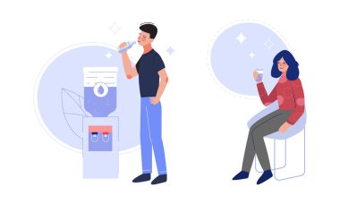 Genç Adam ve Kadın Temiz ve Saf İçilebilir Su İçen Susuzluk Vektörü Seti