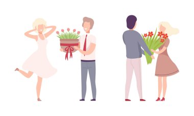 Man Giving Bouquet of Flowers to Woman Making Gallant Gesture Vector Set clipart