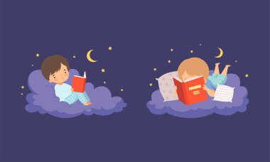 Tatlı Küçük Çocuk Gece Yumuşak Bulutta Uzanıyor Ve Uyku Zamanı Hikaye Vektörü Ayarları Okuyor