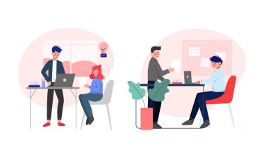 Genç Adam ve Kadın Ofisi Çalışanı Çalışma Akımı Vektör Sahnesi Ayarlandı