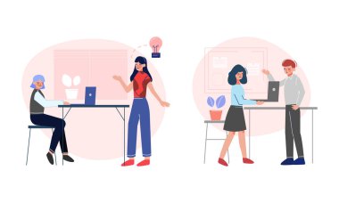 Genç Adam ve Kadın Ofisi Çalışanı Çalışma Akımı Vektör Sahnesi Ayarlandı