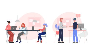 Genç Adam ve Kadın Ofisi Çalışanı Çalışma Akımı Vektör Sahnesi Ayarlandı