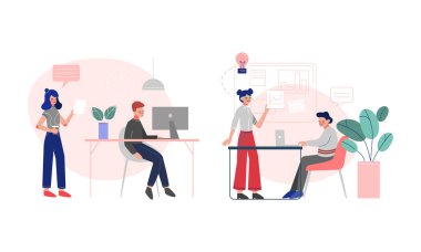 Genç Adam ve Kadın Ofisi Çalışanı Çalışma Akımı Vektör Sahnesi Ayarlandı