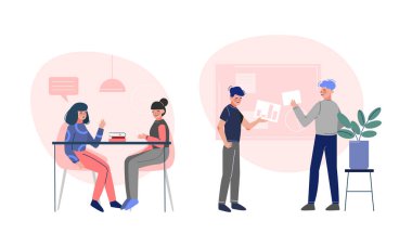 Genç Adam ve Kadın Ofisi Çalışanı Çalışma Akımı Vektör Sahnesi Ayarlandı