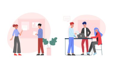 Genç Adam ve Kadın Ofisi Çalışanı Çalışma Akımı Vektör Sahnesi Ayarlandı