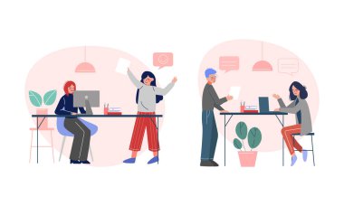 Genç Adam ve Kadın Ofisi Çalışanı Çalışma Akımı Vektör Sahnesi Ayarlandı