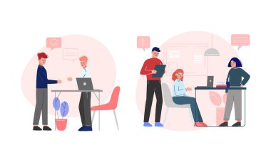 Genç Adam ve Kadın Ofisi Çalışanı Çalışma Akımı Vektör Sahnesi Ayarlandı