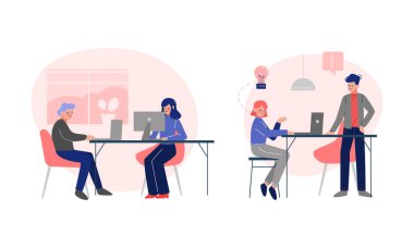 Genç Adam ve Kadın Ofisi Çalışanı Çalışma Akımı Vektör Sahnesi Ayarlandı