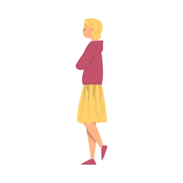 Personnage femme perplexe marchant avec les bras croisés réfléchissant sur la question Illustration vectorielle — Image vectorielle