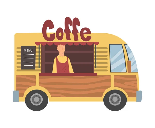 Jongeman als Street Food Vendor Staande bij Truck Counter Vector Illustratie — Stockvector