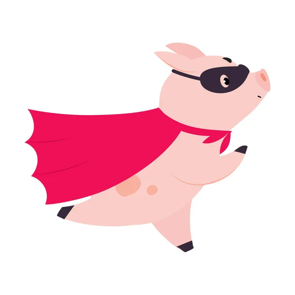 Pink Pig Superhero Character in Eye Mask and Cloak Having Super Power Vector Illustration — Stock Vector