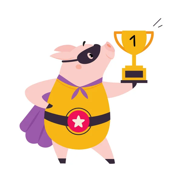 Pink Pig Superhero Character in Eye Mask and Cloak Holding Golden Cup Award Vector Illustration — Stock Vector