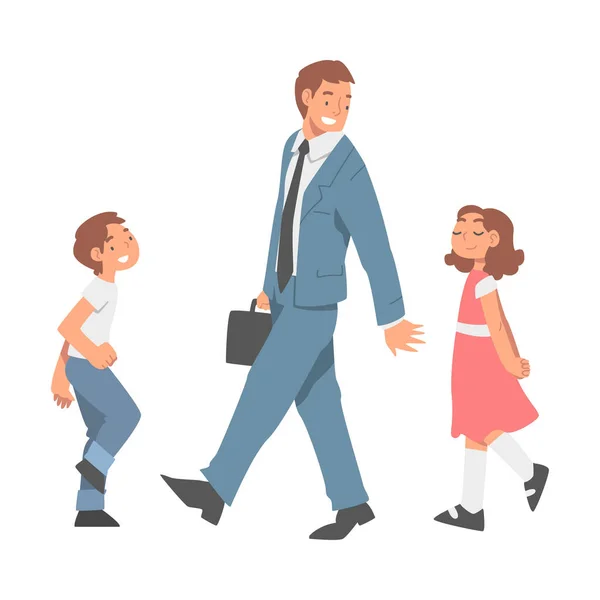 Papá Empresario con Traje y Corbata Caminando con Su Hijo e Hija Vector Illustration — Vector de stock