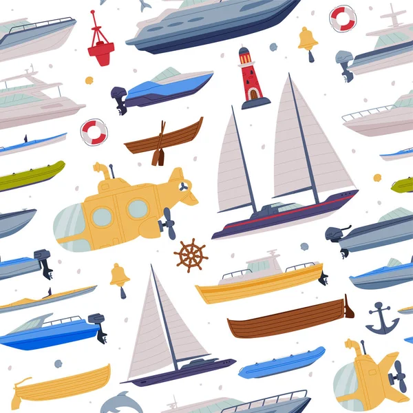 Watercraft or Swimming Water Vessel with Boat and Ship Vector Seamless Pattern — Stock Vector