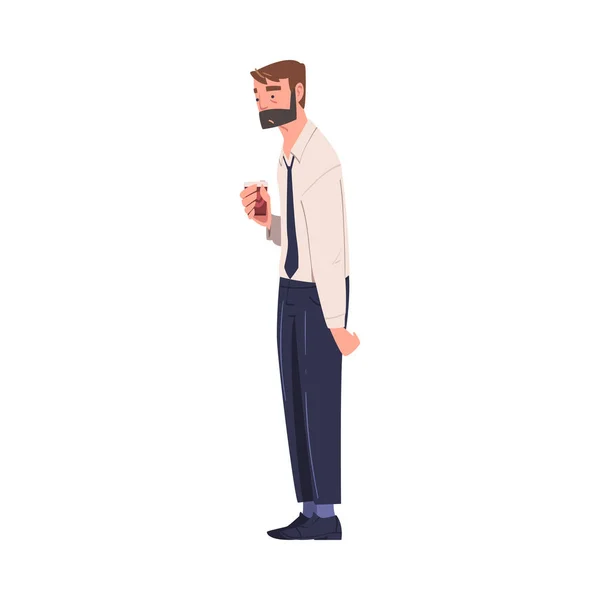 Kravat takan yorgun genç sakallı adam kahve kupası taşıyıcı illüstrasyonu — Stok Vektör