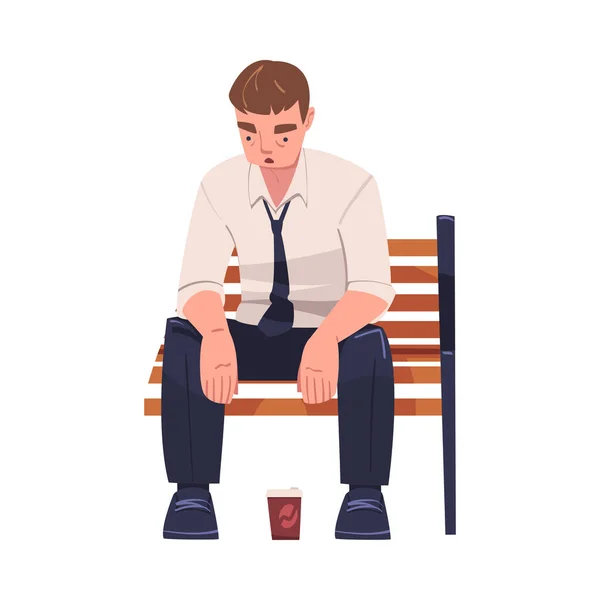 コーヒーカップとハングヘッドベクトルイラスト付きのベンチに座っている疲れた青年 — ストックベクタ