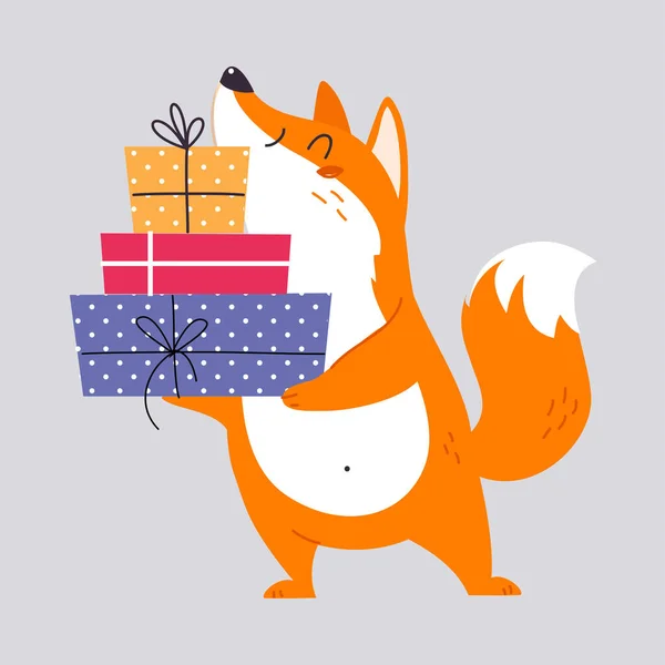 Cute Orange Fox Animal Carrying Pile of Wrapped Gift Box Enjoying Winter Season Vector Illustration — Stock Vector