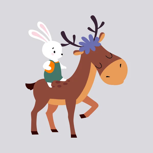 Cute Hare Riding Deer Enjoying Winter Season Vector Illustration — Stock Vector