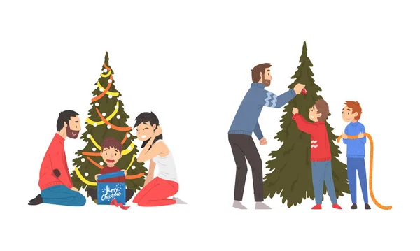 冬の休日を過ごす幸せな家族ギフトボックスをアンラッピングし、木のベクトルセットを飾る — ストックベクタ
