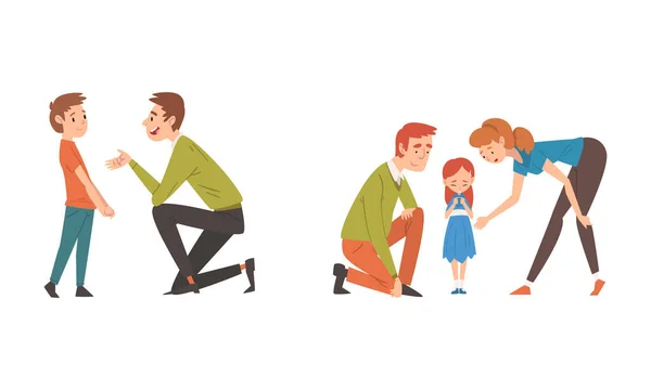Les parents et leurs enfants passent du bon temps ensemble Parler et soutenir ensemble vectoriel — Image vectorielle