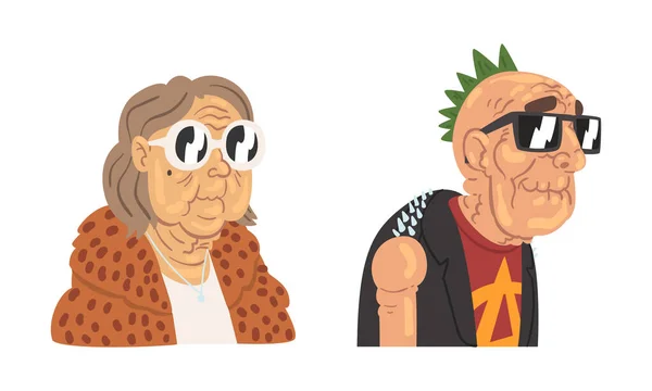 时尚的老年男子和妇女嬉皮士戴眼镜病媒集 — 图库矢量图片