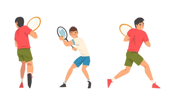 Man Athlete with Racket Playing Tennis in Pose for Striking Ball Vector Set — Stock Vector
