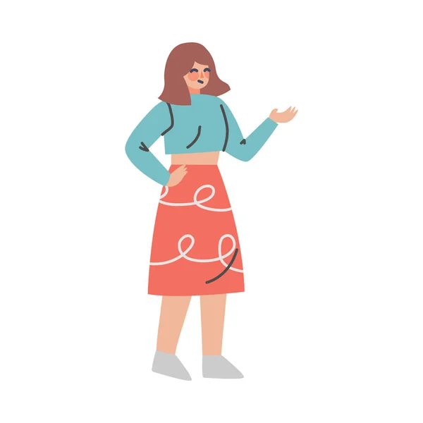 Verwirrte Frauenfigur mit ausgestreckter Hand stellt Frage Vektor Illustration — Stockvektor