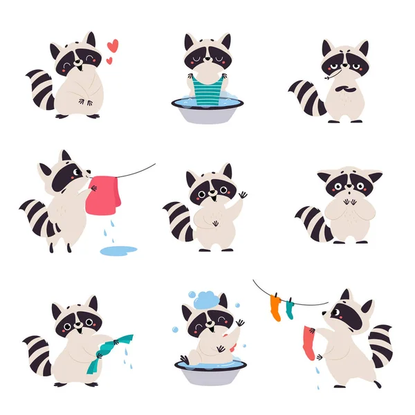 Cute Raccoon Character with Ringed Tail Hanging Clothes and Bathing Vector Set — Stock Vector