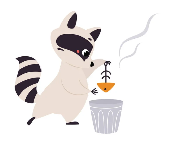 Cute Raccoon postać z pierścieniem ogon biorąc ryby kości z Dustbin wektor ilustracji — Wektor stockowy