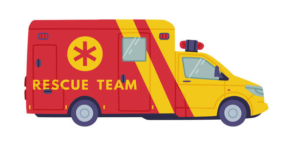 Red and Yellow Van or Truck with Siren as Rescue Equipment and Emergency Vehicle for Urgent Saving of Life Vector Illustration