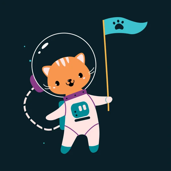 Space Adventure with Cat Astronaut in Spacesuit with Flag Εξερευνώντας την απεικόνιση του Galaxy Vector — Διανυσματικό Αρχείο