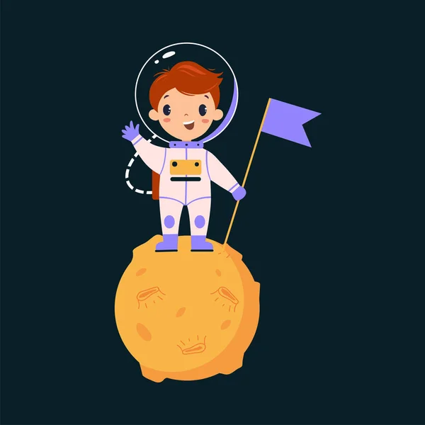 Space Adventure with Little Boy Astronaut in Spacesuit on the Moon with Flag Exploring Galaxy Vector Illustration — Stock Vector