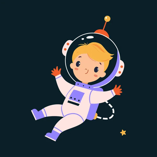 Διαστημική περιπέτεια με τον μικρό αστροναύτη στο Spacesuit Exploring Galaxy Vector illustration — Διανυσματικό Αρχείο
