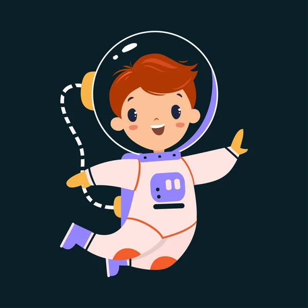 Space Adventure with Little Boy Astronaut in Spacesuit Exploring Galaxy Vector Illustration — Stock Vector