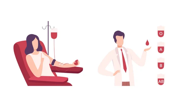Άνδρας και γυναίκα χαρακτήρας που ασχολούνται με αιμοδοσία για τη μετάγγιση Vector Set — Διανυσματικό Αρχείο