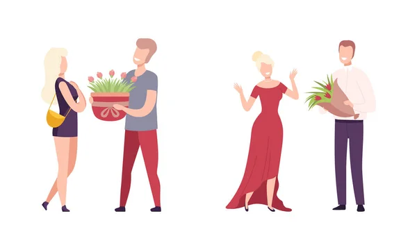 Homem dando buquê de flores para mulher fazendo Gallant Gesture Vector Set —  Vetores de Stock