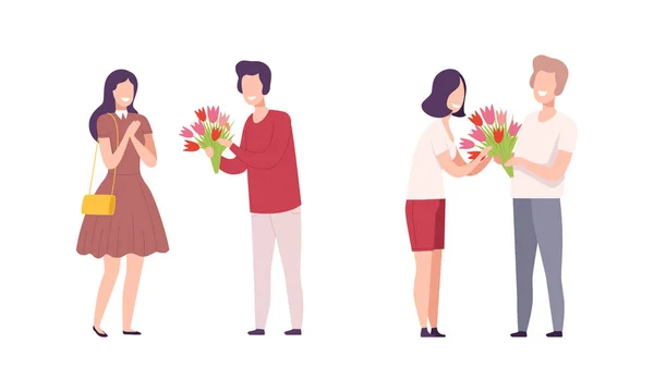 Hombre dando ramo de flores a la mujer haciendo galante conjunto de vectores de gestos — Vector de stock
