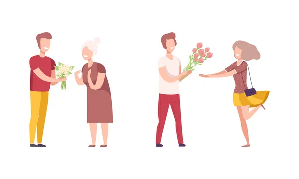 Homem dando buquê de flores para mulher fazendo Gallant Gesture Vector Set —  Vetores de Stock