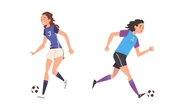 Woman Soccer or Football Player Kicking and Passing Ball Vector Set — Stock Vector