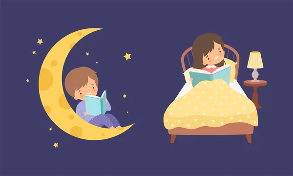 Cute Little Boy and Girl Sitting in Bed and on Crescent at Night and Reading Bedtime Story Vector Set — Stock Vector