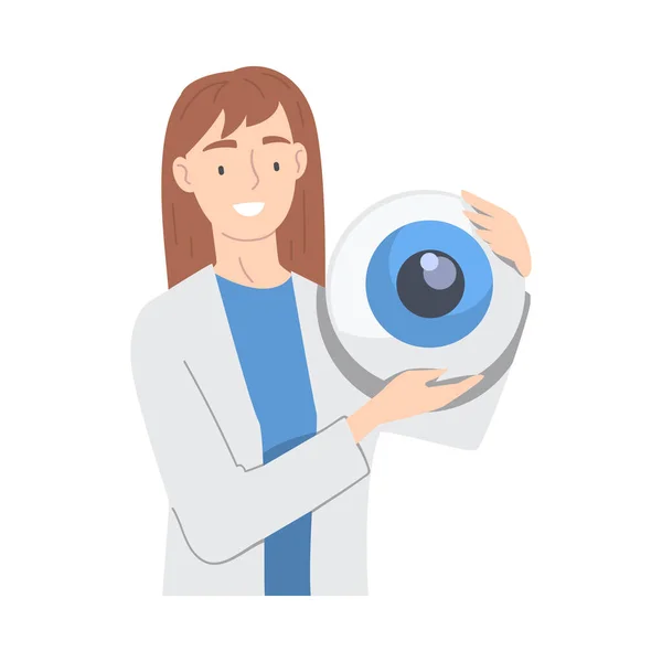 Augenheilkunde mit Women Health Care Professional Holding Eye Ball Vector Illustration — Stockvektor