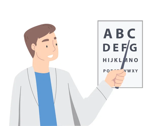 Augenheilkunde mit Man Health Care Professional Pointing to Optotype Vector Illustration — Stockvektor