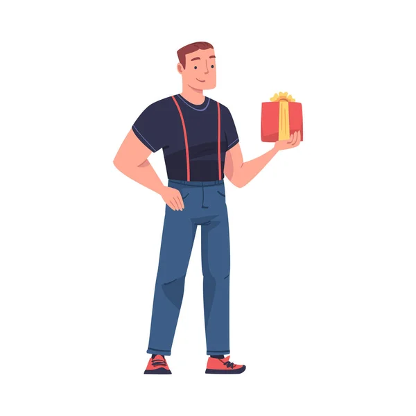 Homme avec boîte-cadeau engagé dans des vacances Félicitation Illustration vectorielle — Image vectorielle